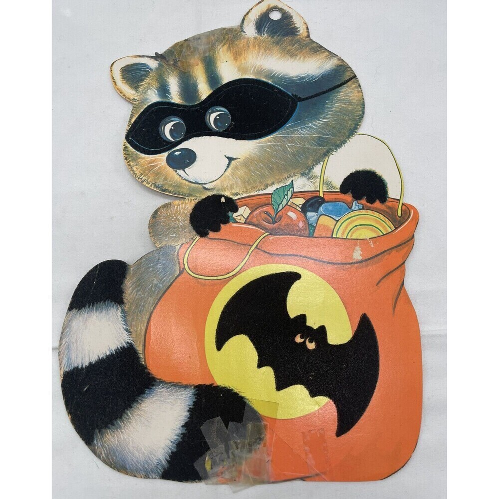 Vintage Halloween Decoration Diecut Raccoon Bat Trick or Treating Velvet Accent